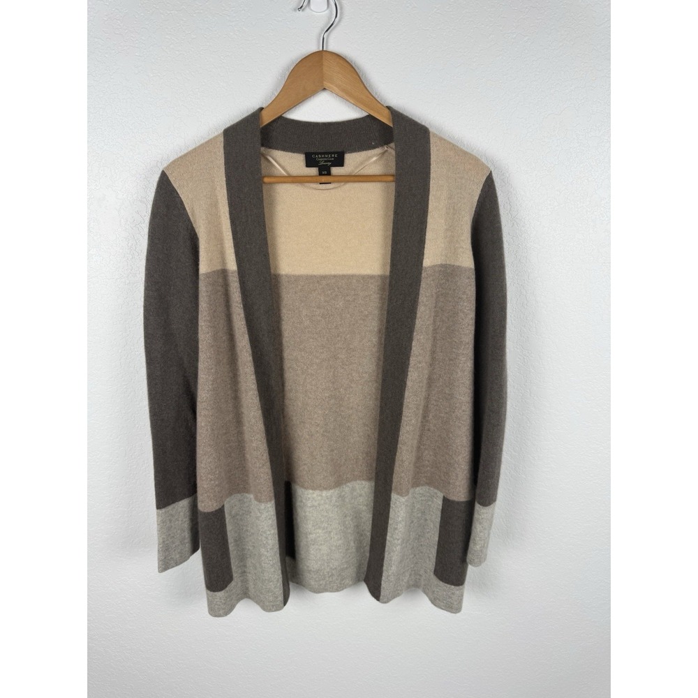 Cashmere Colorblock Open Front Cardigan Brown Tan XS